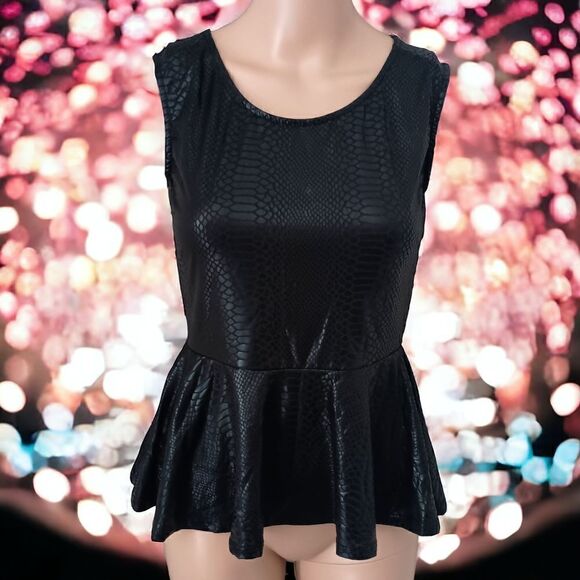 Vintage 90s Faux Leather Peplum Top S  Sexy Animal Print Embossed Wet Look Zips. - Picture 12 of 15